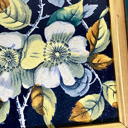 Antique Botanical Floral Flower Ceramic Tile Decorative Art Wooden Framed Rare