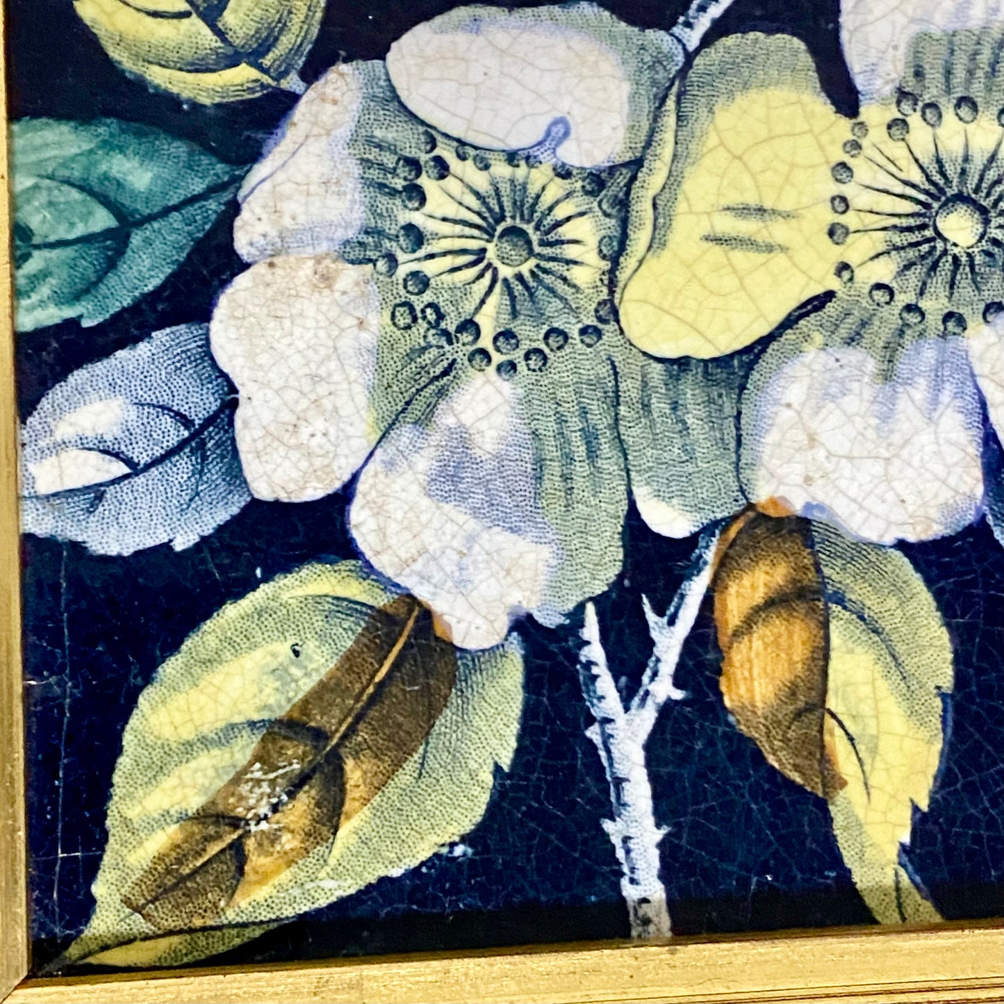 Antique Botanical Floral Flower Ceramic Tile Decorative Art Wooden Framed Rare