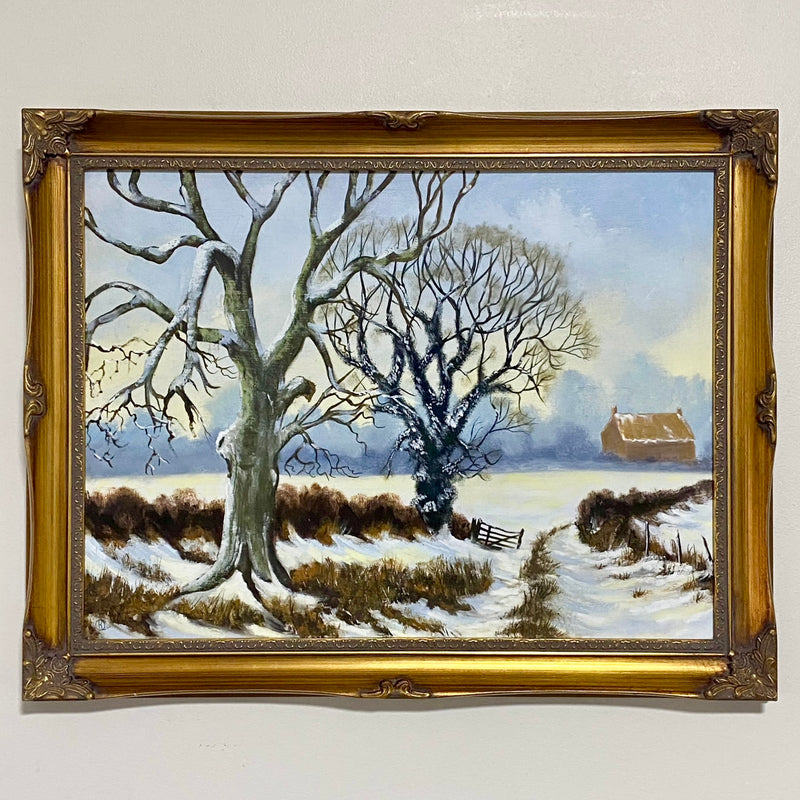 Vintage Rural Snow Field Tree Cottage Scene Painting On Board Signed Gilt Framed