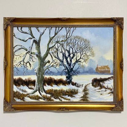 Vintage Rural Snow Field Tree Cottage Scene Painting On Board Signed Gilt Framed