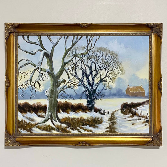 Vintage Rural Snow Field Tree Cottage Scene Painting On Board Signed Gilt Framed