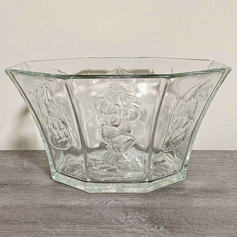 Vintage Large Octagon Shape Salad Fruit & Vegetable Bowl Embossed Art Deco Glass