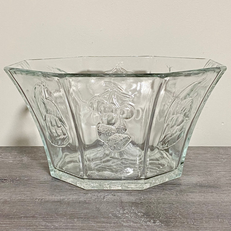 Vintage Large Octagon Shape Salad Fruit & Vegetable Bowl Embossed Art Deco Glass
