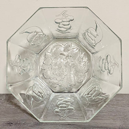 Vintage Large Octagon Shape Salad Fruit & Vegetable Bowl Embossed Art Deco Glass