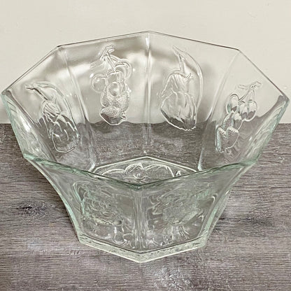 Vintage Large Octagon Shape Salad Fruit & Vegetable Bowl Embossed Art Deco Glass