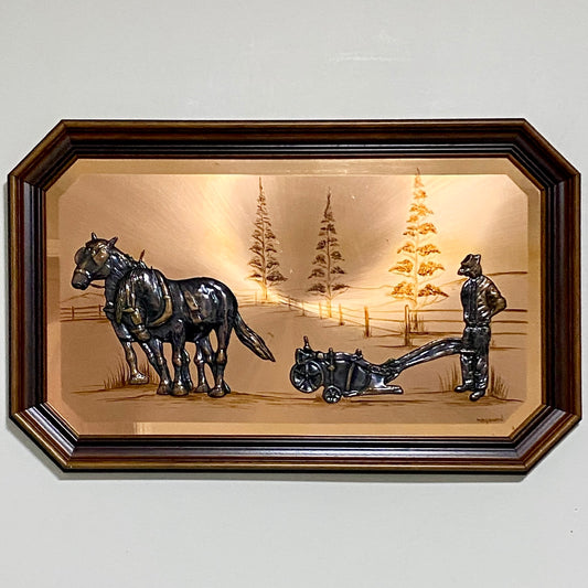 Vintage 3D Copper Wall Art Plaque Horse Farm Scene & Man Ploughing Signed Framed