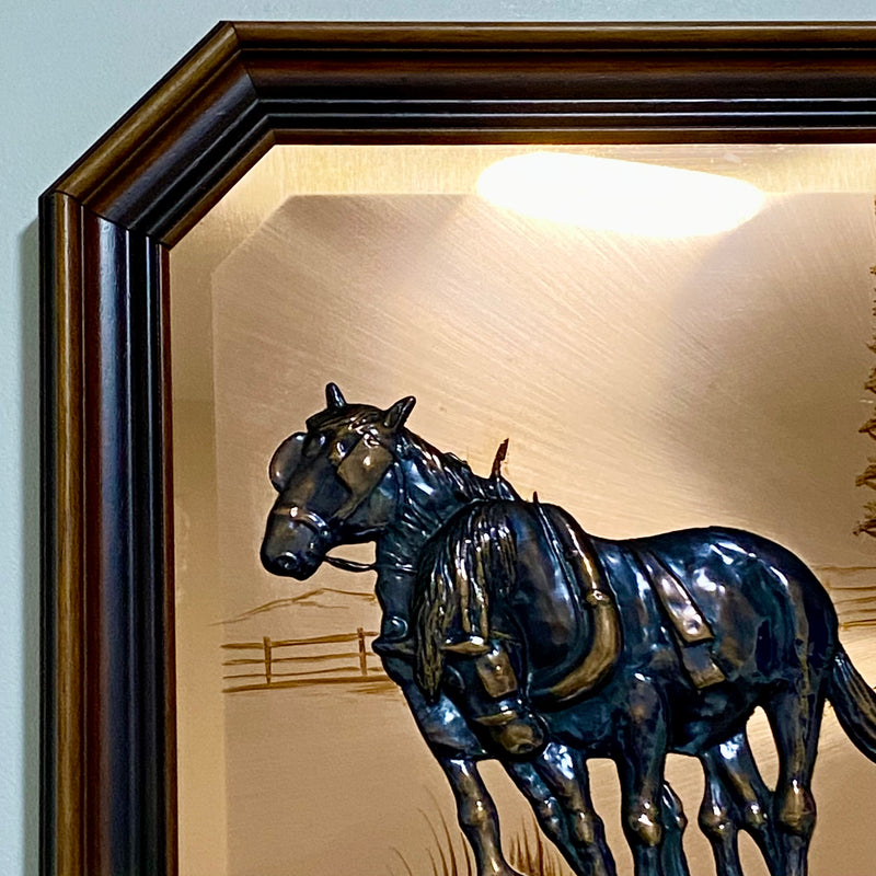 Vintage 3D Copper Wall Art Plaque Horse Farm Scene & Man Ploughing Signed Framed