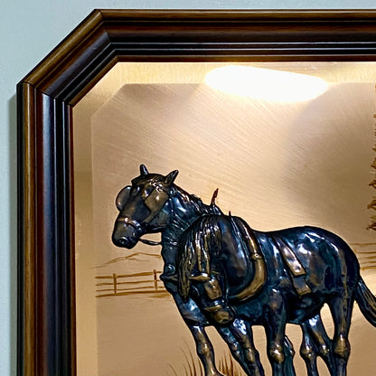 Vintage 3D Copper Wall Art Plaque Horse Farm Scene & Man Ploughing Signed Framed