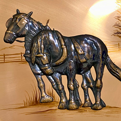 Vintage 3D Copper Wall Art Plaque Horse Farm Scene & Man Ploughing Signed Framed