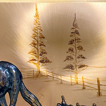Vintage 3D Copper Wall Art Plaque Horse Farm Scene & Man Ploughing Signed Framed