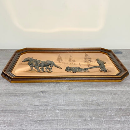 Vintage 3D Copper Wall Art Plaque Horse Farm Scene & Man Ploughing Signed Framed