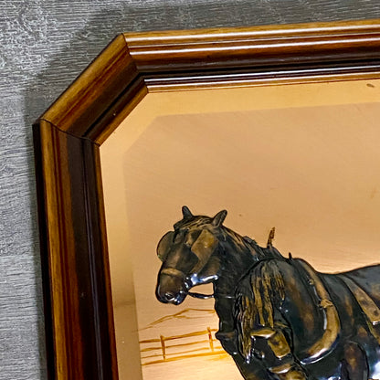 Vintage 3D Copper Wall Art Plaque Horse Farm Scene & Man Ploughing Signed Framed