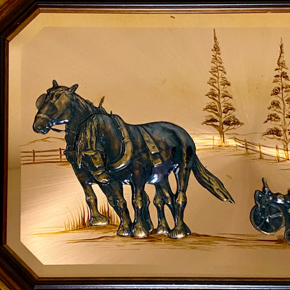 Vintage 3D Copper Wall Art Plaque Horse Farm Scene & Man Ploughing Signed Framed
