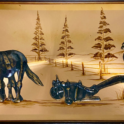 Vintage 3D Copper Wall Art Plaque Horse Farm Scene & Man Ploughing Signed Framed