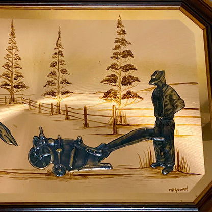 Vintage 3D Copper Wall Art Plaque Horse Farm Scene & Man Ploughing Signed Framed
