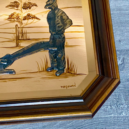 Vintage 3D Copper Wall Art Plaque Horse Farm Scene & Man Ploughing Signed Framed