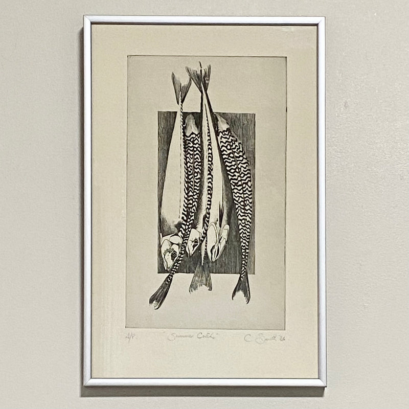Vintage Summer Catch Fish Etching Print Signed C Smith 1986 Framed & Glazed Rare