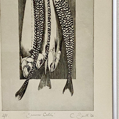 Vintage Summer Catch Fish Etching Print Signed C Smith 1986 Framed & Glazed Rare