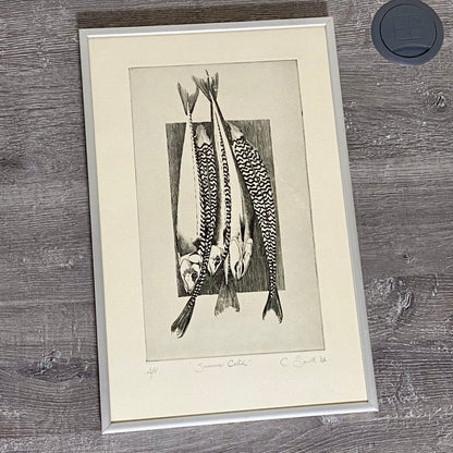Vintage Summer Catch Fish Etching Print Signed C Smith 1986 Framed & Glazed Rare