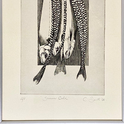 Vintage Summer Catch Fish Etching Print Signed C Smith 1986 Framed & Glazed Rare