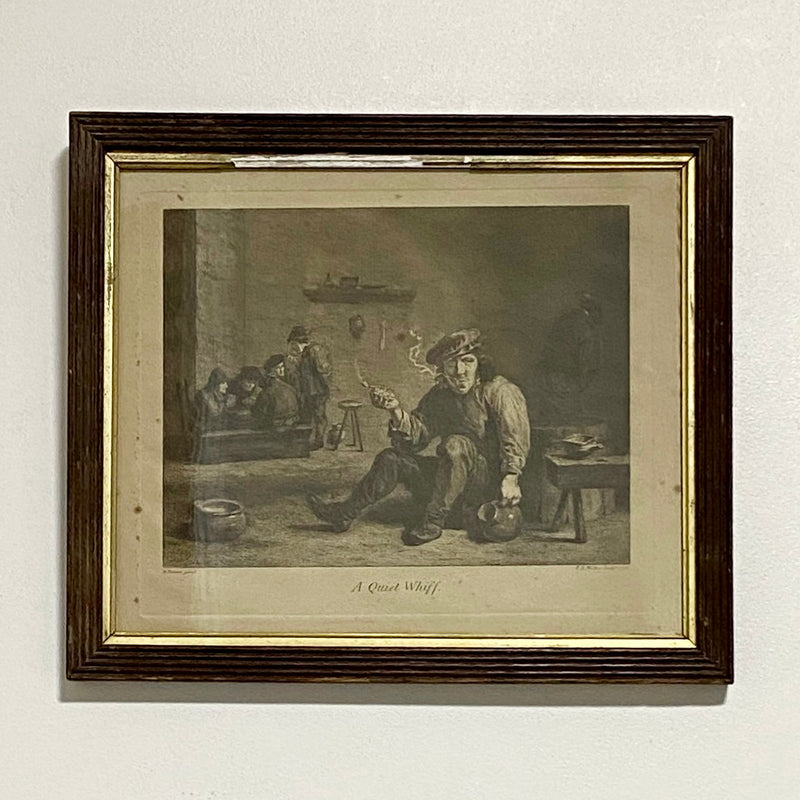 Antique A Quiet Whiff Old Master Engraving After David Teniers Framed & Glazed