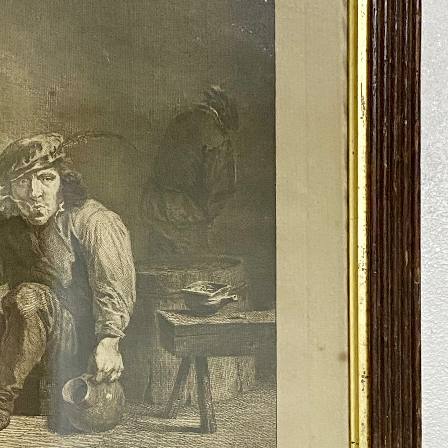 Antique A Quiet Whiff Old Master Engraving After David Teniers Framed & Glazed