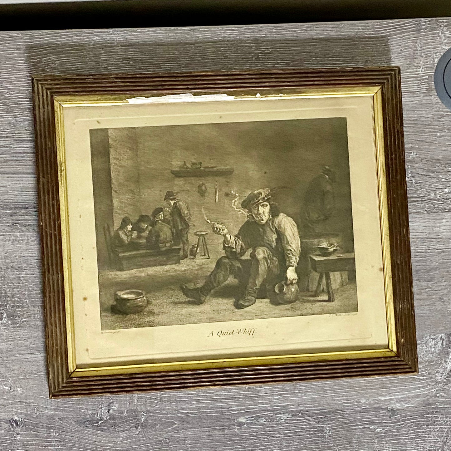 Antique A Quiet Whiff Old Master Engraving After David Teniers Framed & Glazed