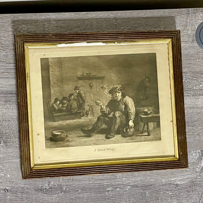 Antique A Quiet Whiff Old Master Engraving After David Teniers Framed & Glazed
