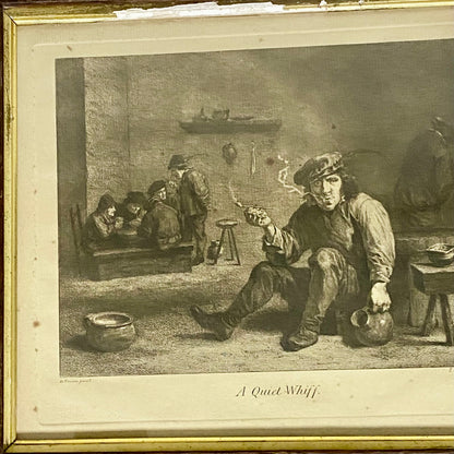 Antique A Quiet Whiff Old Master Engraving After David Teniers Framed & Glazed