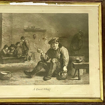 Antique A Quiet Whiff Old Master Engraving After David Teniers Framed & Glazed