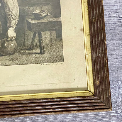 Antique A Quiet Whiff Old Master Engraving After David Teniers Framed & Glazed