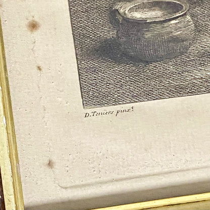 Antique A Quiet Whiff Old Master Engraving After David Teniers Framed & Glazed