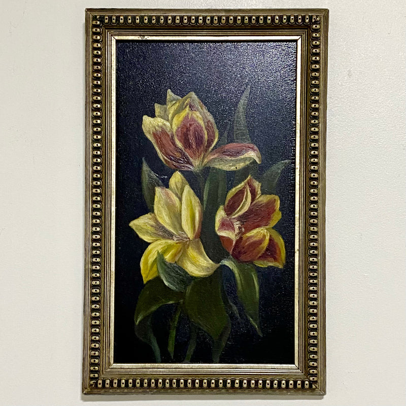 Vintage Yellow And Red Blooming Tulips Still Life Oil On Board Painting Framed