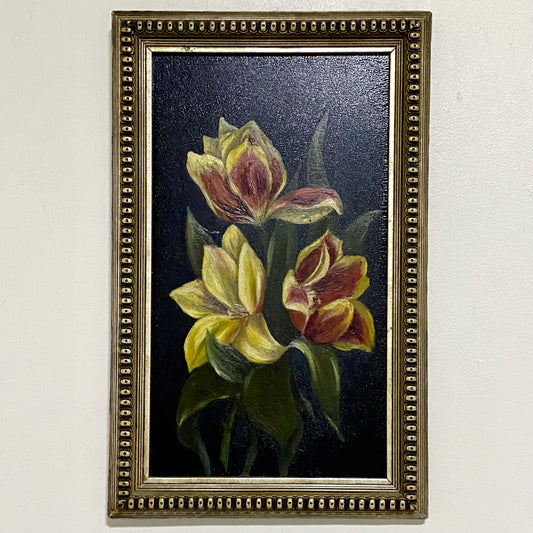 Vintage Yellow And Red Blooming Tulips Still Life Oil On Board Painting Framed