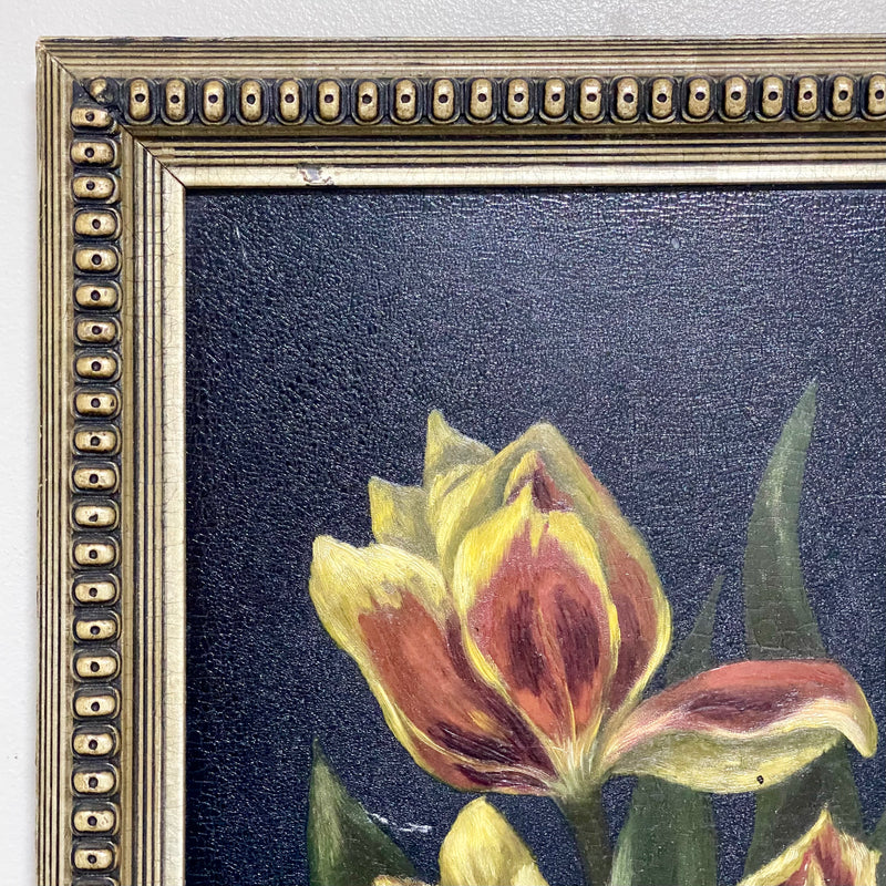 Vintage Yellow And Red Blooming Tulips Still Life Oil On Board Painting Framed
