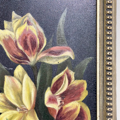 Vintage Yellow And Red Blooming Tulips Still Life Oil On Board Painting Framed