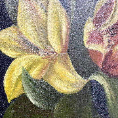 Vintage Yellow And Red Blooming Tulips Still Life Oil On Board Painting Framed
