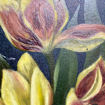 Vintage Yellow And Red Blooming Tulips Still Life Oil On Board Painting Framed