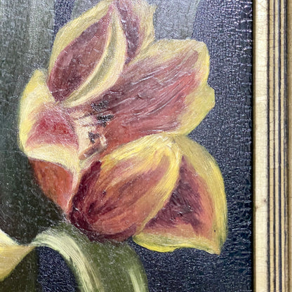 Vintage Yellow And Red Blooming Tulips Still Life Oil On Board Painting Framed