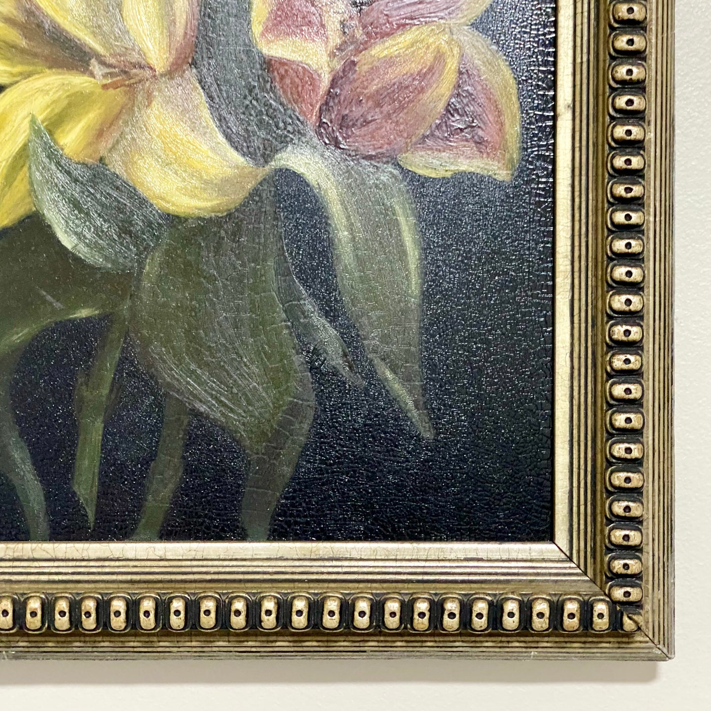 Vintage Yellow And Red Blooming Tulips Still Life Oil On Board Painting Framed