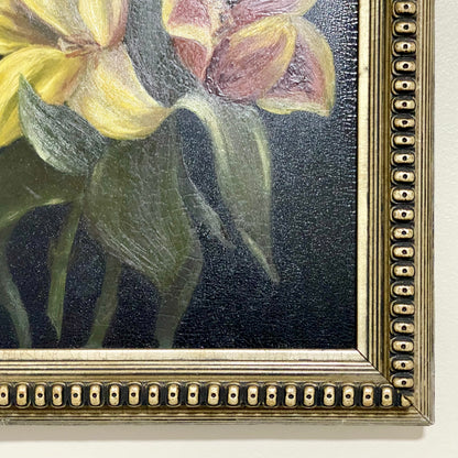 Vintage Yellow And Red Blooming Tulips Still Life Oil On Board Painting Framed
