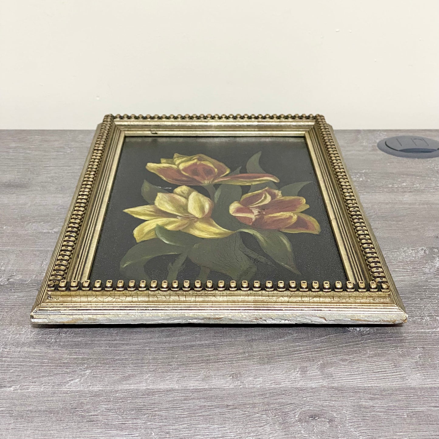 Vintage Yellow And Red Blooming Tulips Still Life Oil On Board Painting Framed