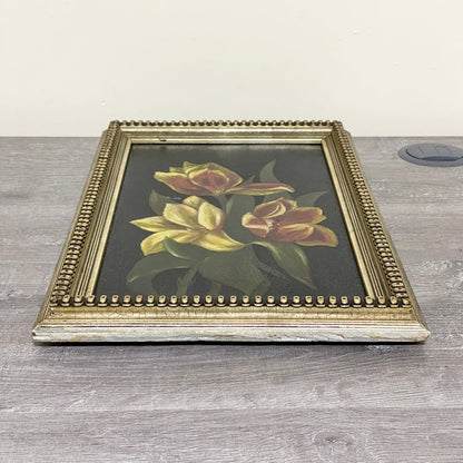Vintage Yellow And Red Blooming Tulips Still Life Oil On Board Painting Framed