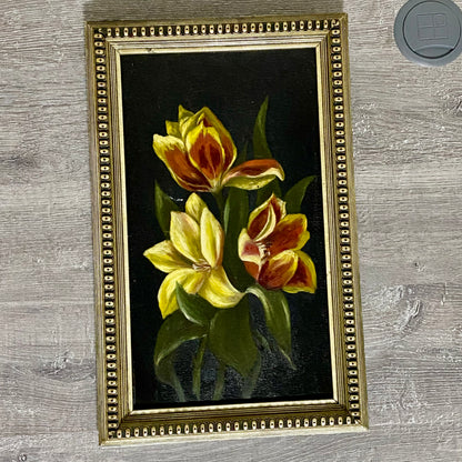 Vintage Yellow And Red Blooming Tulips Still Life Oil On Board Painting Framed