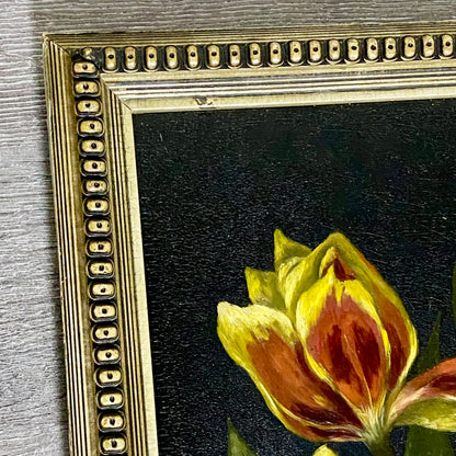 Vintage Yellow And Red Blooming Tulips Still Life Oil On Board Painting Framed