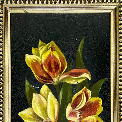 Vintage Yellow And Red Blooming Tulips Still Life Oil On Board Painting Framed