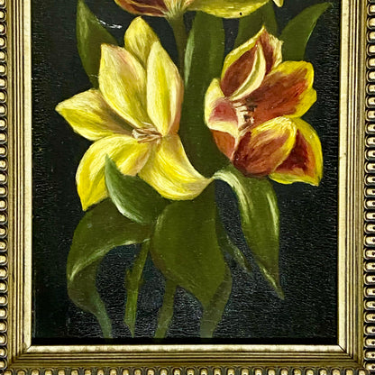 Vintage Yellow And Red Blooming Tulips Still Life Oil On Board Painting Framed