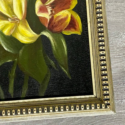 Vintage Yellow And Red Blooming Tulips Still Life Oil On Board Painting Framed