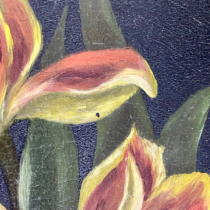 Vintage Yellow And Red Blooming Tulips Still Life Oil On Board Painting Framed