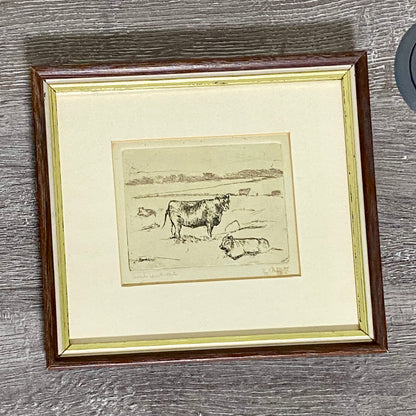 Vintage Cows Etching Signed Sarah Lewthwaite 1992 No.1 / 20 Framed & Glazed Rare